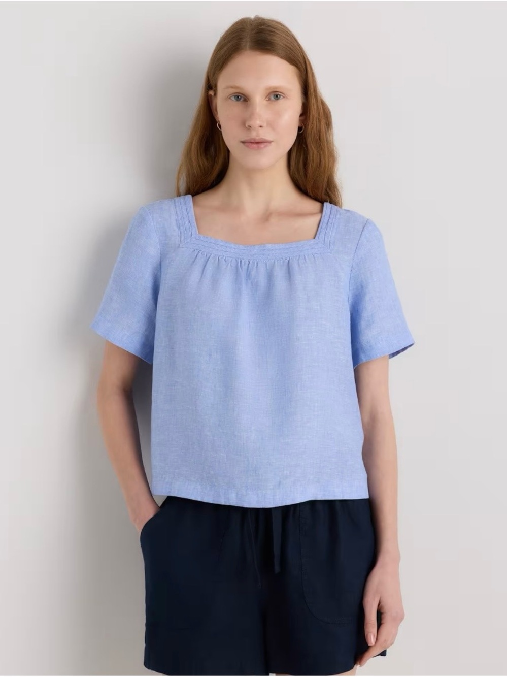 Quince Women’s Light Blue Square Neck Short Sleeve Linen Top Sz XL
